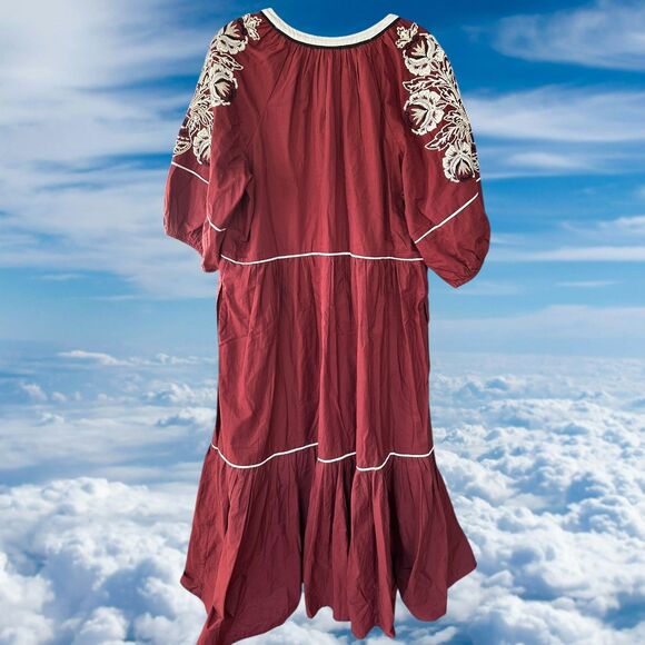 Anthropologie Gretel Embroidered Maxi Dress Maroon White 1X - Picture 9 of 11